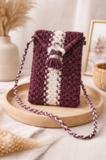 Pocket Crush – Sac Macramé Bordeaux Argenté