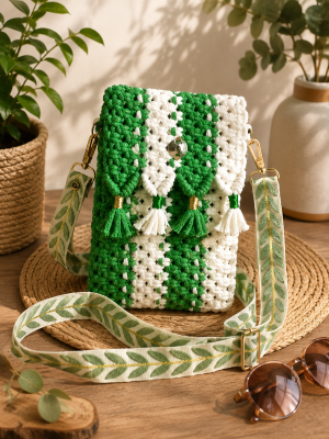 Pocket cruch vert gazon Pocket Cruch - Sac macramé vert et blanc – Image 1